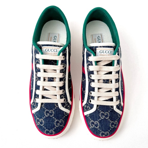 GUCCI | 1977 Tennis Denim GG Monogram Web Stripe Sneakers EU 39 US 9 New - Picture 2 of 9